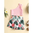 thumbnail image 3 of 2 Pcs Infant Summer Outfits, Girls One-shoulder Ribbed Solid Color Tank Tops + Belted Stripe/ Leaf  Flower Print Shorts, 3 of 9