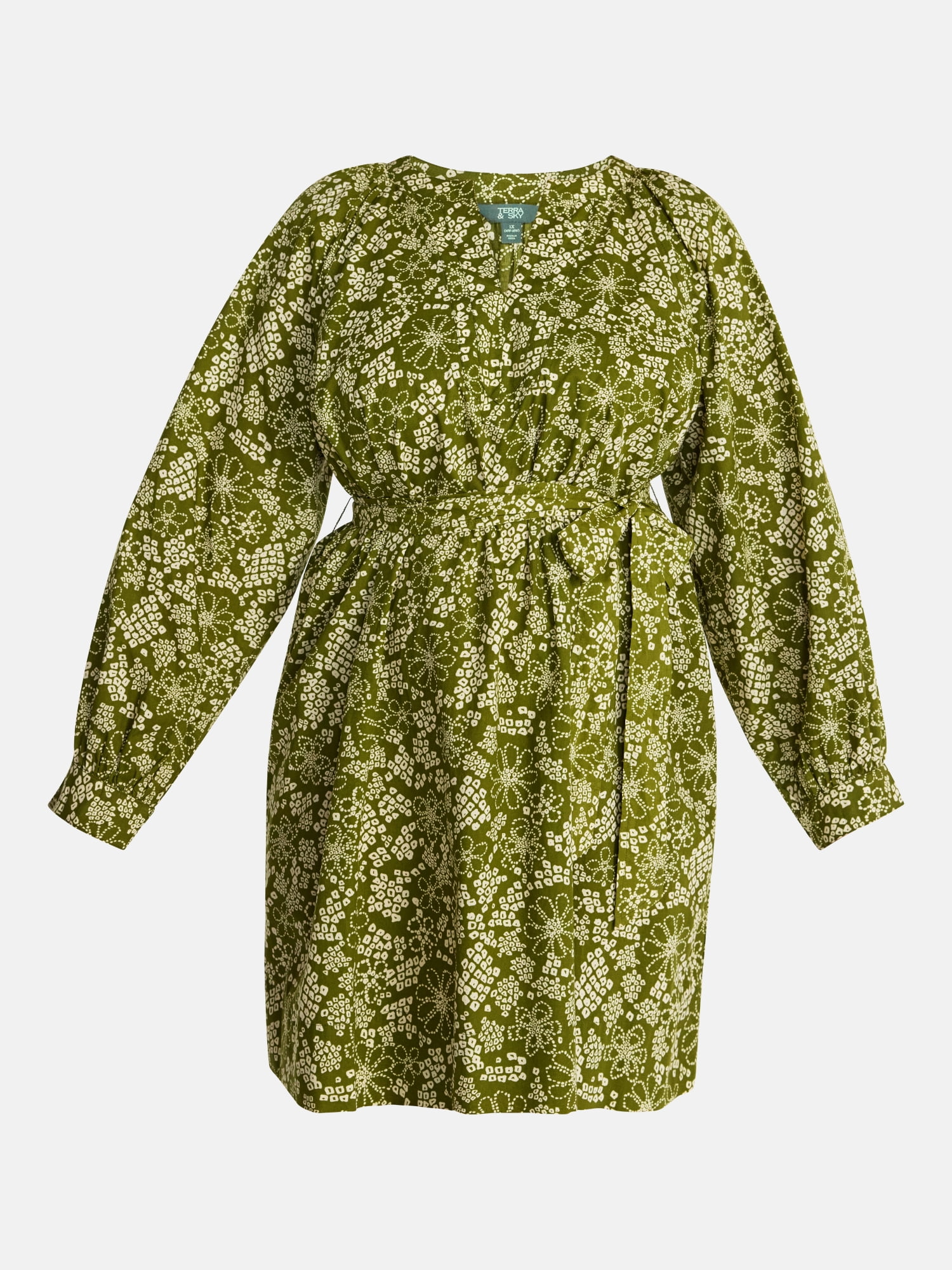 Terra & Sky Women's Plus Cotton Balloon Sleeve Tie Waist Tunic Dress, Sizes 0X-5X