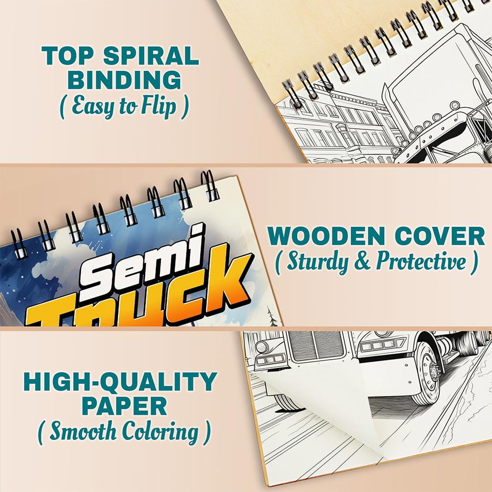 Semi Truck Coloring Book Spiral Bound For Adults, A5 Wooden Cover, 30 Stunning Coloring Pages of Heavy Duty Trucks for Stress Relief and Relaxation