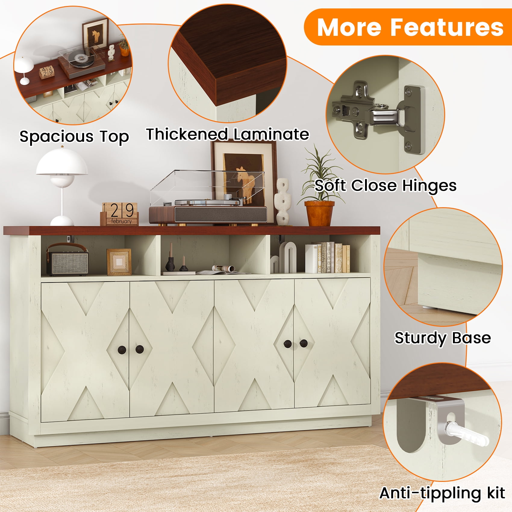 HAUXITIO 60" Farmhouse Buffet Cabinet with 4 Doors & Open Shelves,Kitchen Storage Sideboard for Dining Room & Living Room,Beige