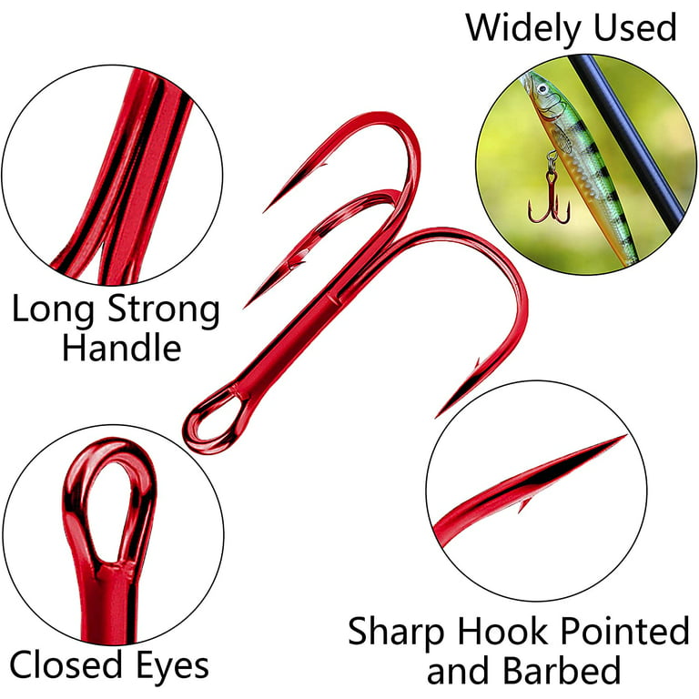 Fishing Red Treble Hooks Double Split Rings Stainless Steel Set