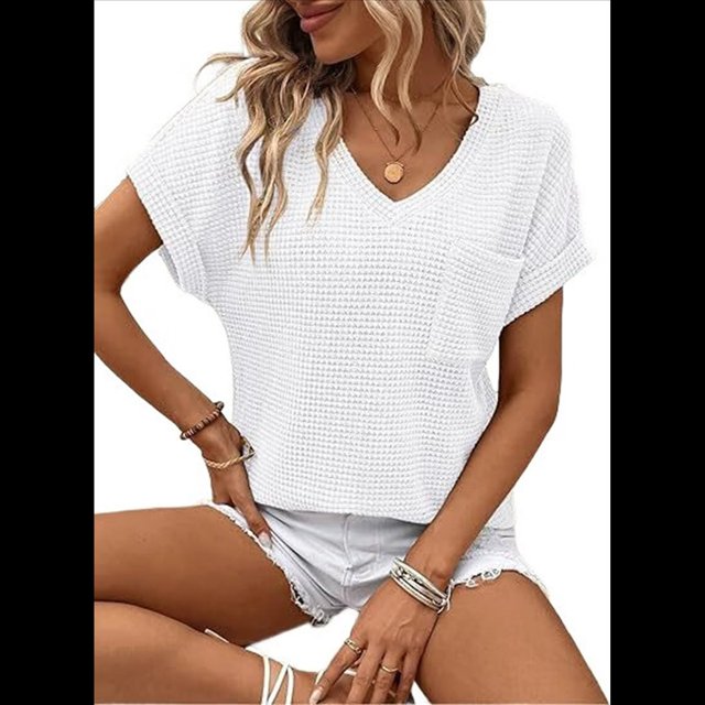 Camiseta Básica de Corta para Mujer, Informal, de Punto Gofre, con Cuello en V, Color , Talla L