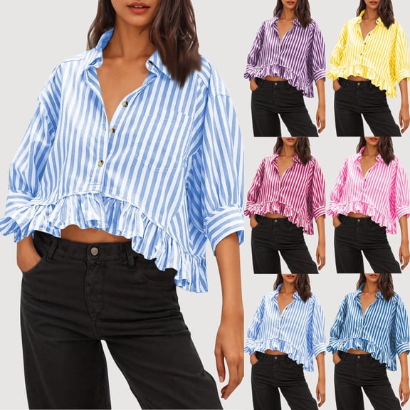 WRKEKC Summer Blouses for Women, Summer T-Shirts for Women, Women's Trendy Casual Striped Print 3/4 Sleeve V-Neck Turndown Collar Button Short Lace Hem Blouses