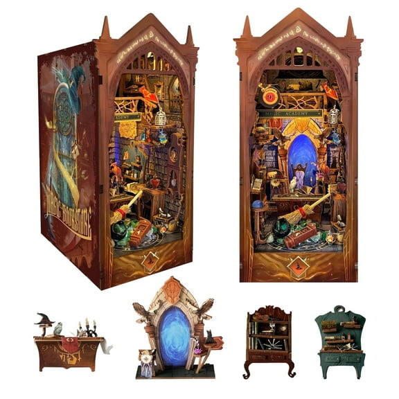 Strucwood DIY Book Nook Kit Magic Academy: 3-Color LED, Remote Control & Dust Cover, 3D Wooden Puzzle Gift for Adults（SQ-38）