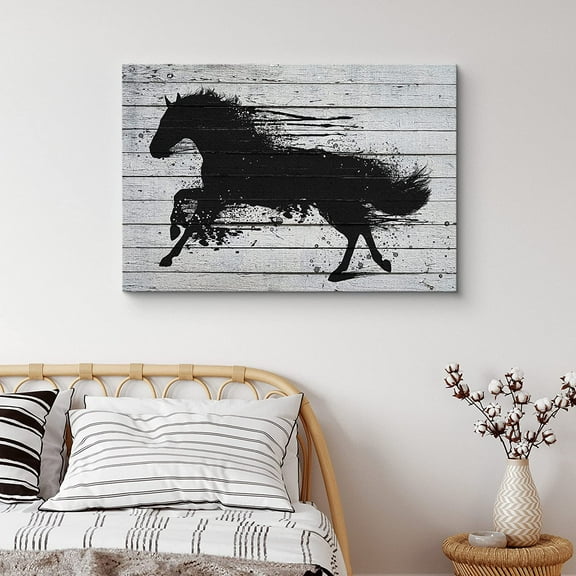 PixonSign Canvas Print Wall Art Wood Panel Style Black Horse Silhouette Animals Wildlife Illustrations Modern Art Contemporary Portrait Relax/Calm Multicolor Warm for Living Room, Bedroom - 24"x36"