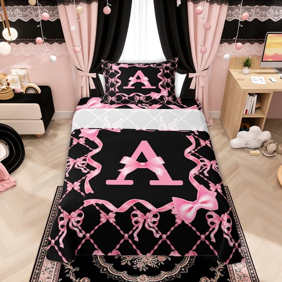 Manfei Pink Bow Letter A Twin Sheet Sets, Kawaii Ribbon Bedding for Girls Women, 3 Pieces