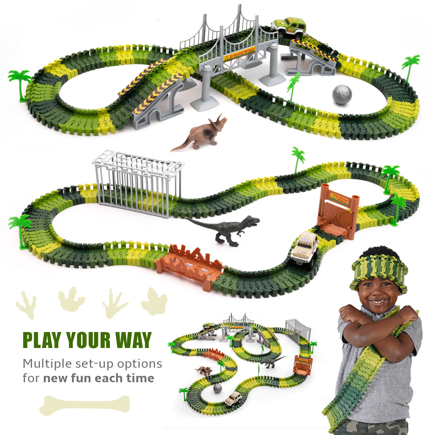 Stlloys Dinosaur Toys 305PCS Dinosaur Race Car Track Train with 4 Cars Race Car Track Set with 8 Dino Toys 240 Track Pieces Best Birthday Gift for Kids 3 4 5 6 7 Year Old & Up Boys Girls 