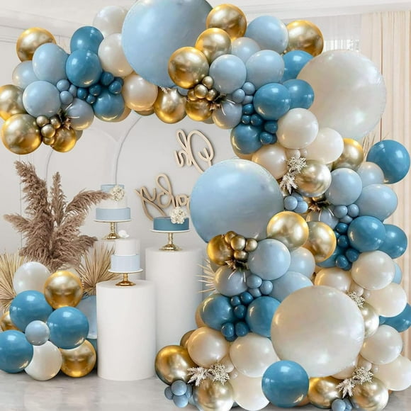 134 Pcs Ballons Bleu Or Guirlande Arche, Sable Blanc Métallique Or Ardoise Poussiéreuse Brouillard pour Baby Shower Mariage Anniversaire Collation des Grades Anniversaire Enterrement de Vie de Jeune Fille Décorations de Fond
