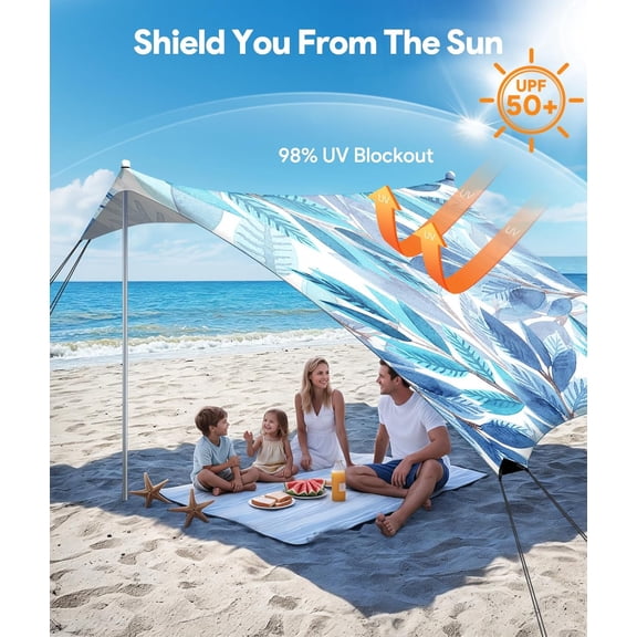 Beach Tent Sun Shelter, 10 x 10 FT Beach Canopy Tent Sun Shade, UPF50 Tents Canopy with 8 Sandbags & 4 Stability Poles, Outdoor Tents for Camping Fishing, Leaf
