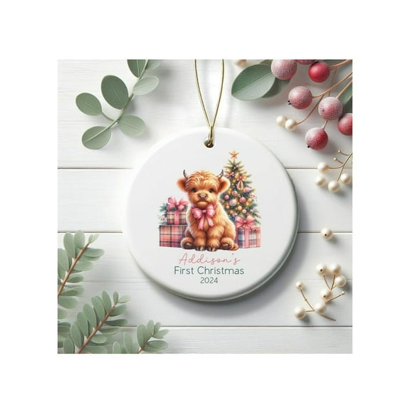 Baby First Christmas Ornament 2025, Personalized First Christmas Ornament Baby Girl Name, Highland Cow Christmas Ornament, Baby Shower Gift pink