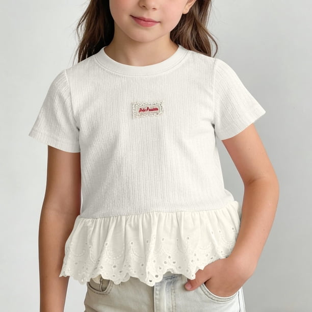 Blusas y camisas de manga corta con cuello redondo Camiseta de niña Camiseta de verano con cuello redondo y apliques de encaje con volantes Camiseta de manga corta Falda superior Camisa de capa base C