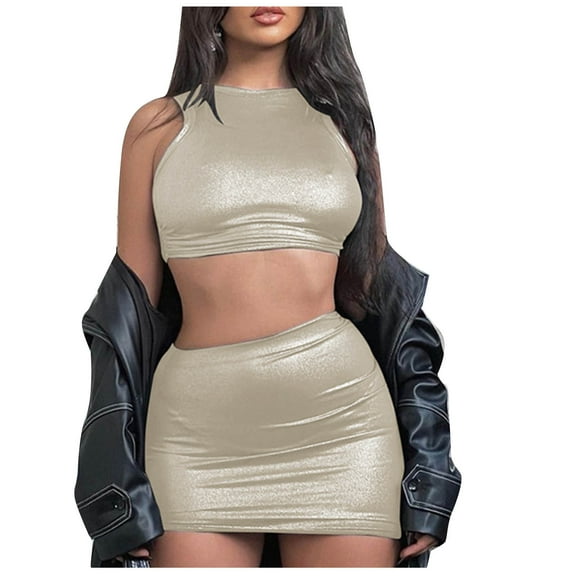 REORIAFEE Women's 2 Piece Outfits Lounge Matching Sets Two Piece Summer Vacation Sets Workout Set Fashion Women 2 Piece Sleeveless Sexy Round Neck Top Party Skirt Sets Beige L