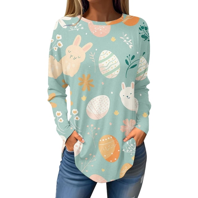Pxiakgy Hauts de Pâques pour Femmes en Solde, Chemise à Manches Longues Imprimée Œuf de Pâques et Lapin Col Rond Décontracté Chandail en Molleton Printemps Pâques Lapin Œuf de Pâques Col Rond Ample Décontracté