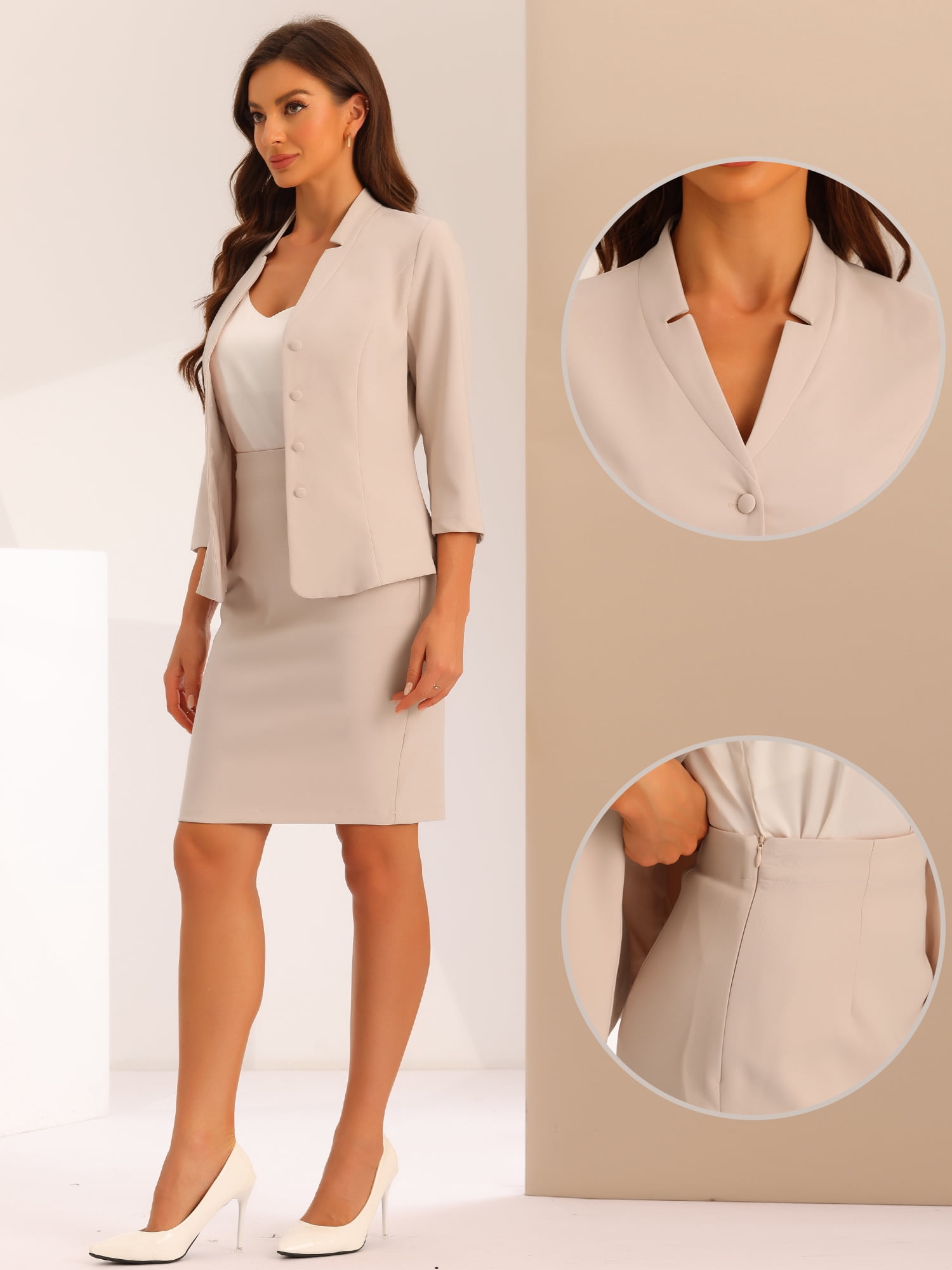 DARING DIVA 2Pcs Women's Notched Collar Business Pencil Skirt Suit Set S Beige