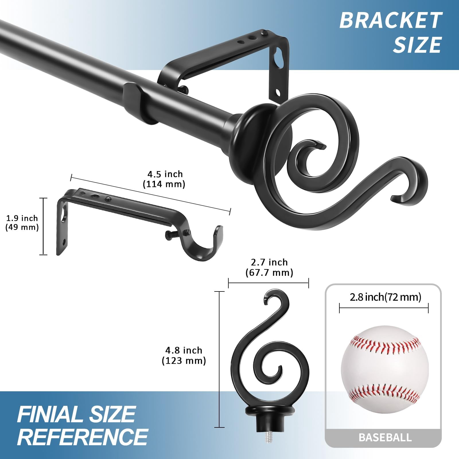 Urbanest 3/4" French Scroll Cast Forged Iron Single Curtain Rod – Designer Cast Iron Drapery Hardware with Elegant Finials, Easy-Mount, Heavy-Duty, 48" to 84", Matte Black
