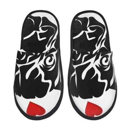 Balery Red Heart And Puppy Of Bulldog Slient Indoor Furry Fleece Comfort House Shoes Soft Non-Slip Home Shoes Cotton slippers House Slippers-- Medium