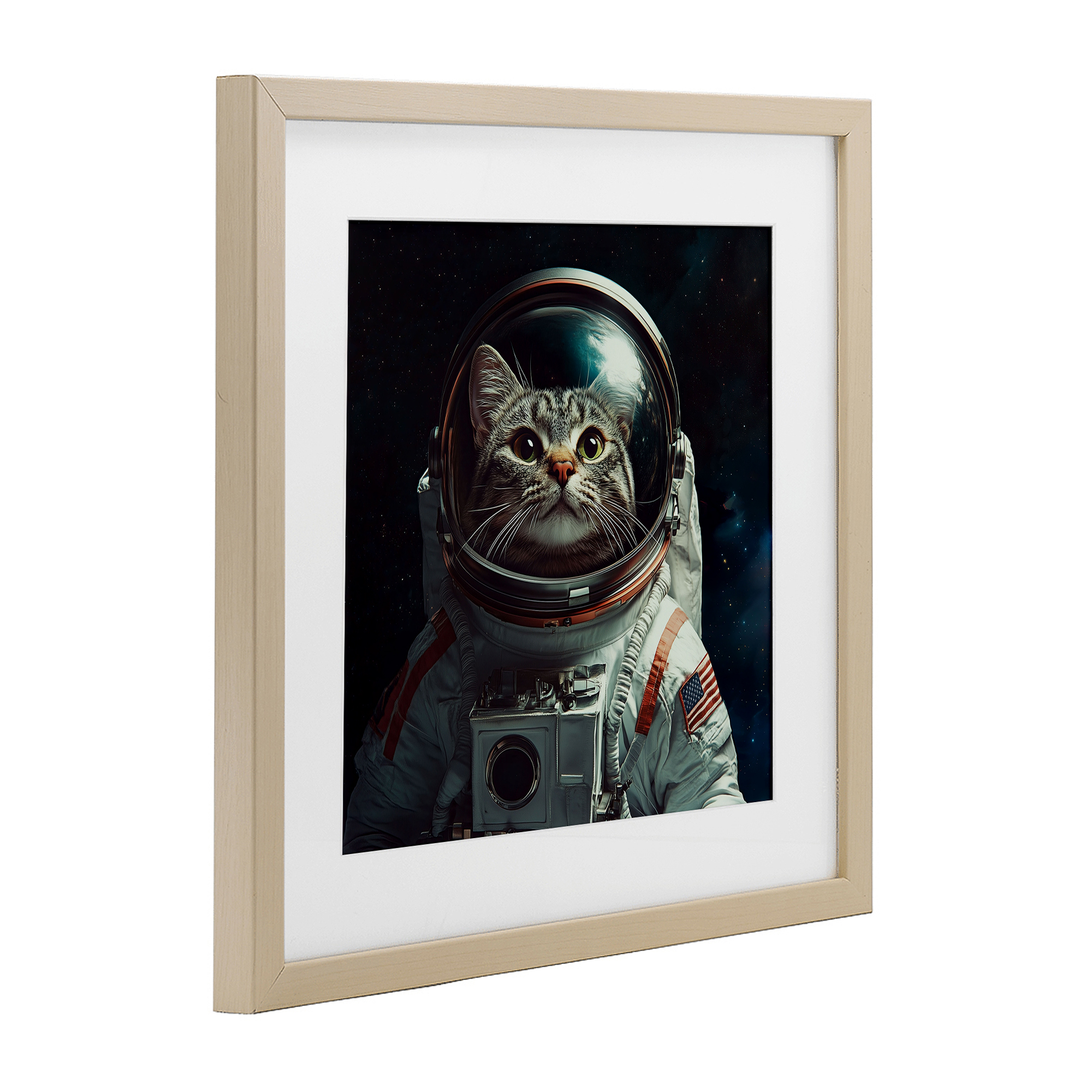 Catstronaut Cat Astronaut Birch Framed Print Under Glass, design by Jim Baldwin