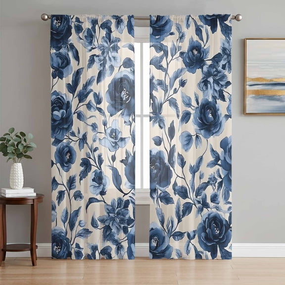 Navy Blue Botanical Peony Sheer Curtains 63 Inch Length 2 Panels Set, Vintage Floral Blossom Voile Window Treatment Rod Pocket Curtains Sheers Drapes for Bedroom/Living Room/Kitchen 52x"63"x2