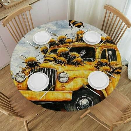 

Sheronv Bees Round Tablecloth 100% Polyester Fiber Outdoor Fitted Stain-Resistant Waterproof for Restaurants Weddings Parties 38 -42