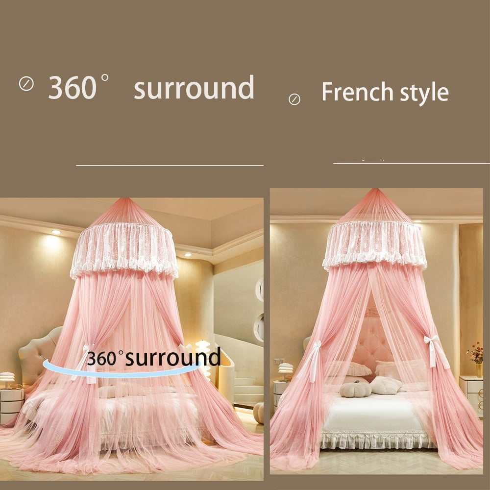 Kadahis Bed Canopy for Girls & Adults, Round Dome Lace Princess Canopies Netting, Cute Double Layer Bed Canopy Drapes for Decoration, Playing,Reading, Sleepping