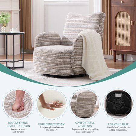Modern Swivel Accent Chair - Khaki Boucle Fabric, 360° Rotation, Striped Armrest, Metal Base, 28" Living Room, Bedroom Chair