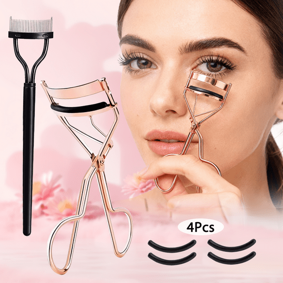 Eyelash Curler Kit Metal Lash Curlers with Mascara Applicator Eyelashes Volumizing Lash Separator Comb & 5 Replacement Refill Pads for Home & Travel Uses (Rose Gold)