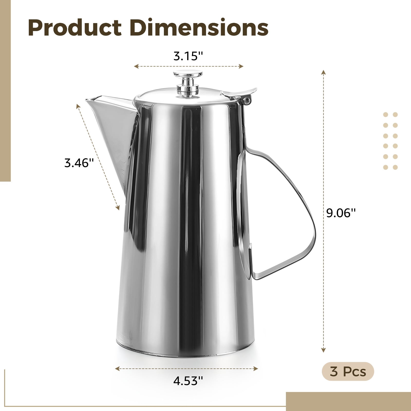 3 Pcs 67.6 Oz Stainless Steel Pitcher with Lid, Thickened Metal Cold Water Pitcher 4.5x3.1x9.1 in, Rustproof Iced Tea Pitcher for Home, Restaurant