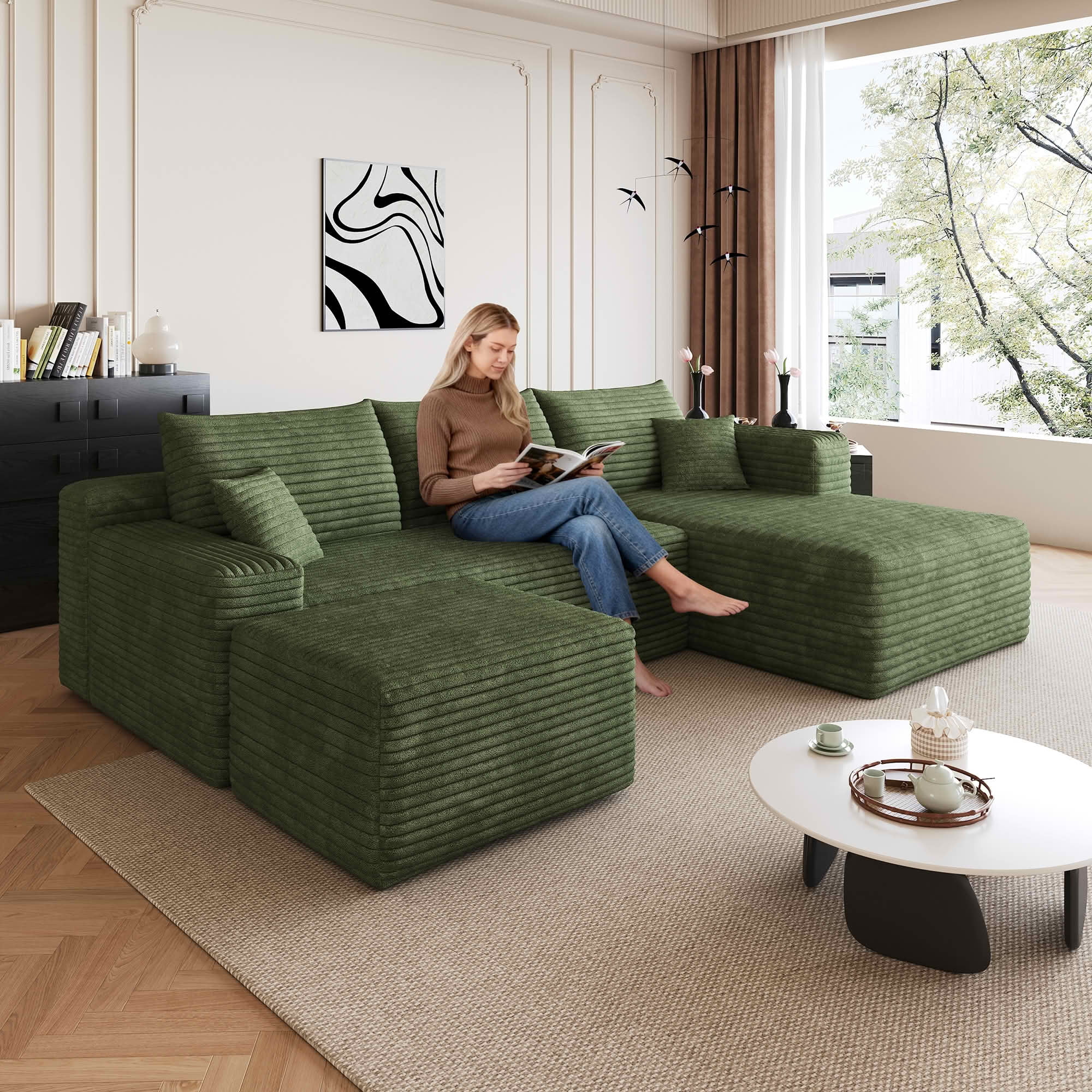 MAYEERTY 95" Cloud Sectional Sofa with Ottoman, U-Shaped Corduroy Deep Seat Couch, No Assembly for Living Room, Green