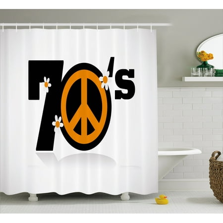 Black And White Bathroom Wall Art 70s Party Decorations Shower Curtain, Seventies Peace Symbol with Daisies Rock n Roll Art Print, Fabric Bathroom Set with Hooks, 69W X 84L Inches Extra Long, Black Marigold White, by Ambesonne ()