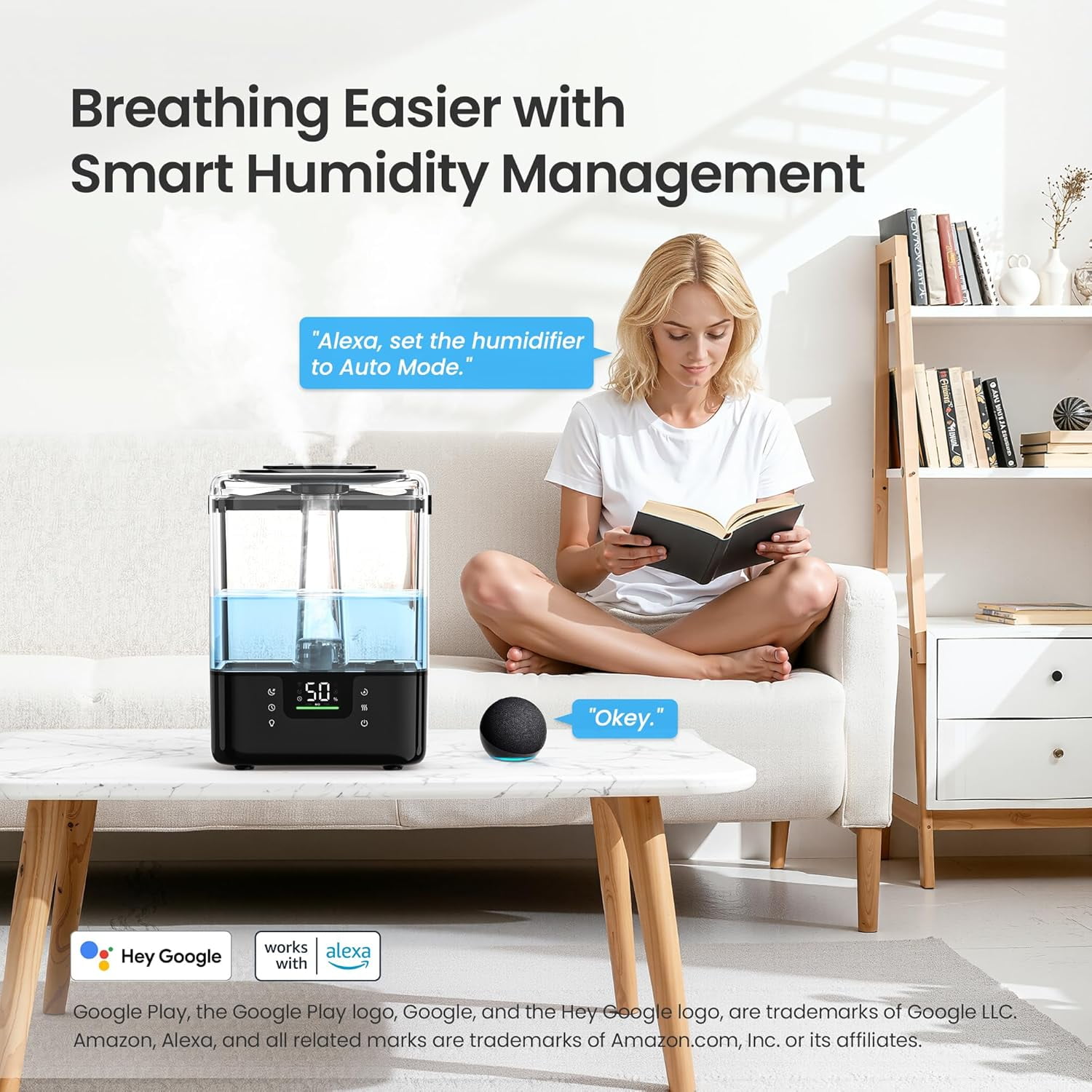 Smart Humidifiers for Bedroom Large Room Home, 6L Cool Mist Top Fill Humidifier with Essential Oil Diffuser, Black