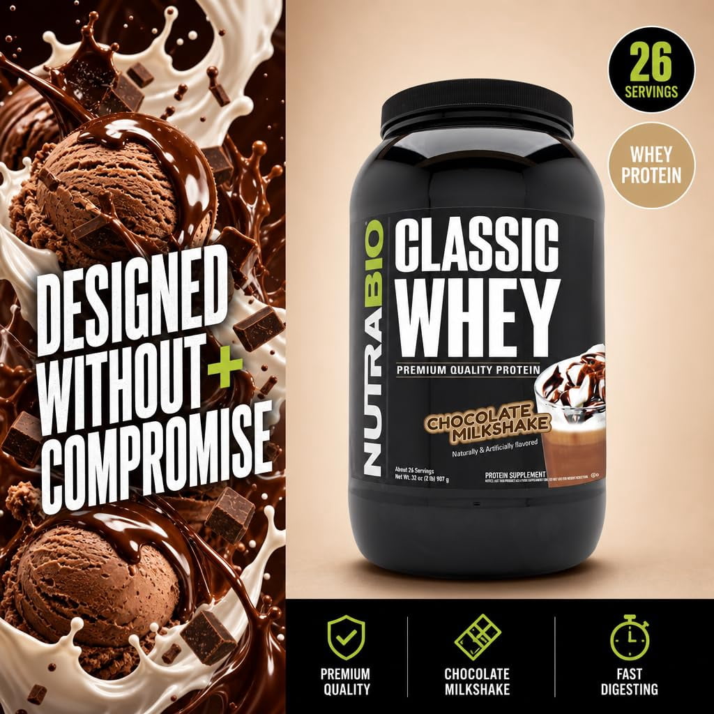NutraBio Classic Whey Protein Powder- 25G of Protein Per Scoop - No Fillers, Artificial Colors, Preservatives - Chocolate Milkshake, 2 Pounds