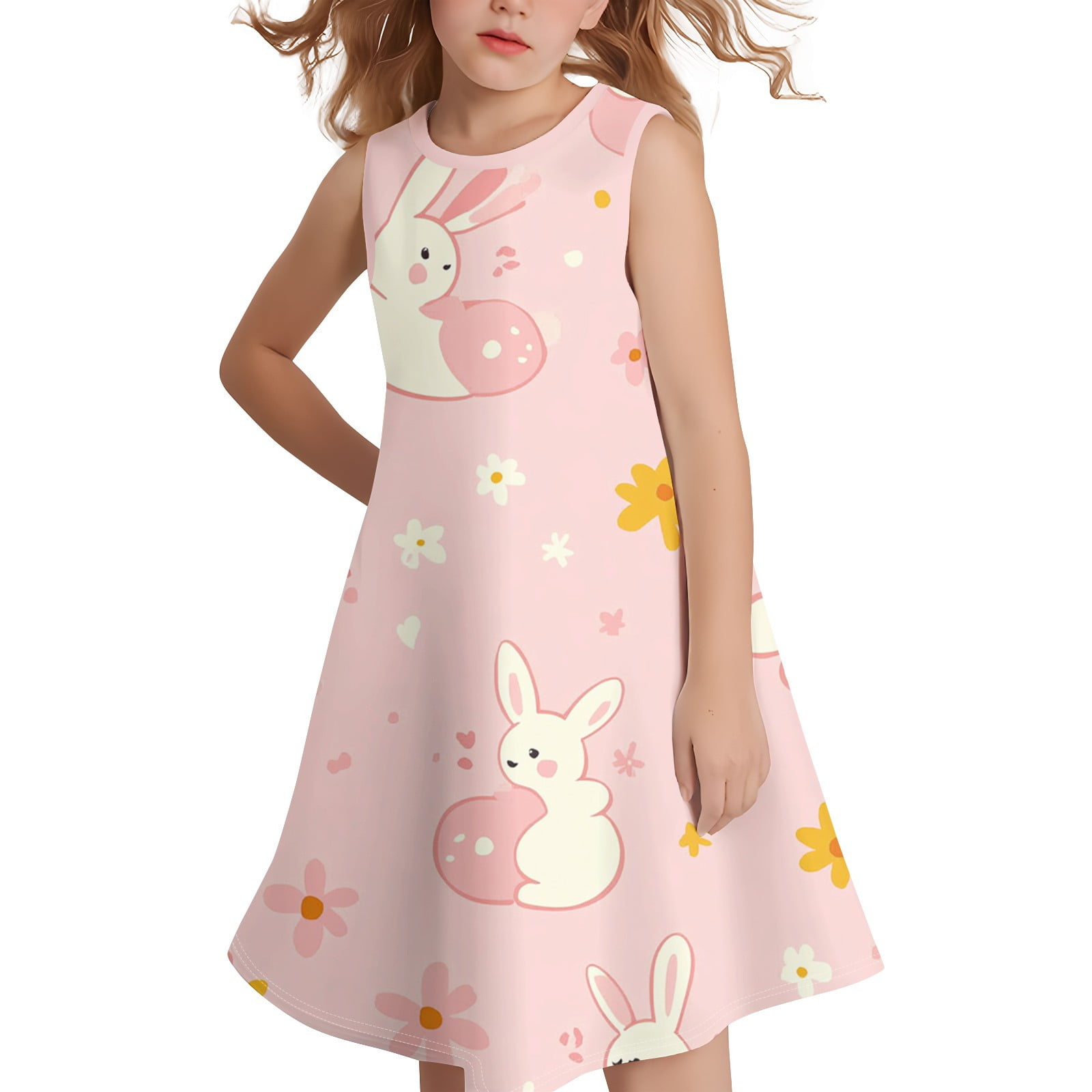 HAJWOH Girls Easter Dresses Bunny Egg Print Sleeveless Spring Dress Cute Crew Neck Sundress Casual Comfort Princess Dress Light pink 9-10 Years