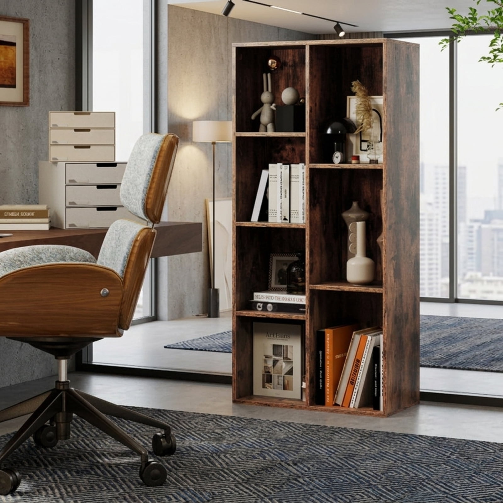 Furnibear Vertical or Horizontal Freestanding Bookshelf with 7 Compartments and Anti-Tipping Kits for Living Room Study, Rustic Brown