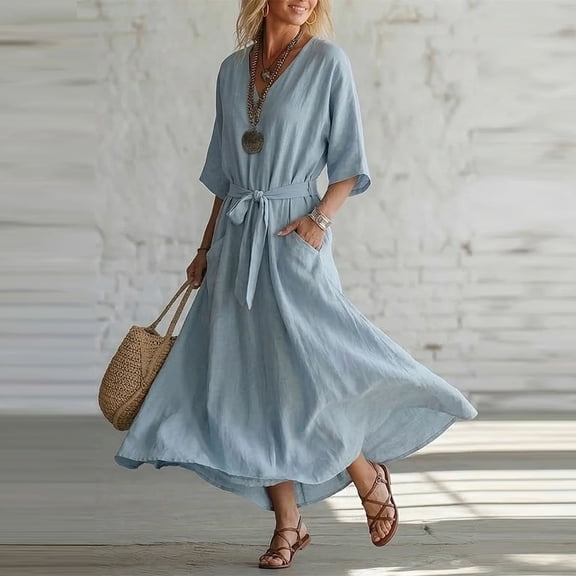 QUNYINEY Summer Dresses for Women Long Blue 3/4 Sleeve Cotton Linen A Line Dress with Pockets Casual V Neck Loose Fit Dresses