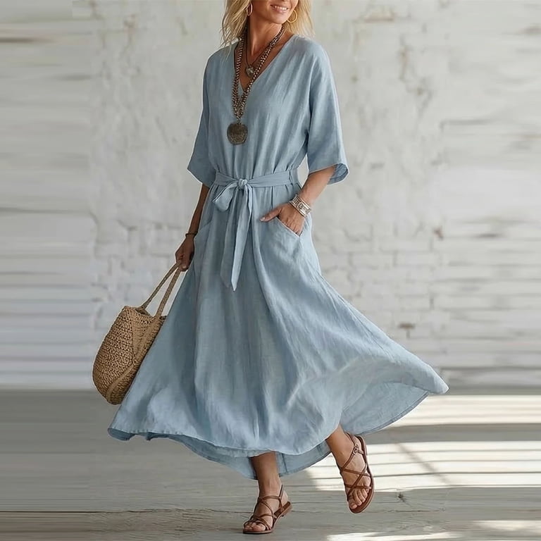 light blue swing dress ZQUUVOU Maxi Dresses for Women V Neck 3/4 Sleeve Tie Belted Vintage with Pockets Linen Loose Casual Flowy Bohemian YGroup_mens-oxford-shirt SIZE:US 12 you can never go Polka dot low dress with white