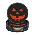 thumbnail image 1 of Posavasos de cuero de 6 piezas, divertido letrero redondo de calabaza de Halloween para decoración de fiesta de Halloween, posavasos para bebidas, tapete para taza, regalo de inauguración de la casa,, 1 of 7
