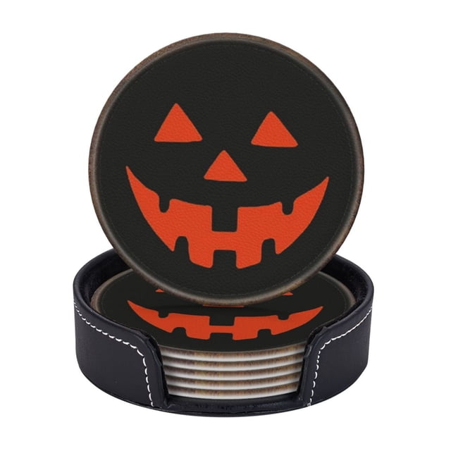 Posavasos de cuero de 6 piezas, divertido letrero redondo de calabaza de Halloween para decoración de fiesta de Halloween, posavasos para bebidas, tapete para taza, regalo de inauguración de la casa,