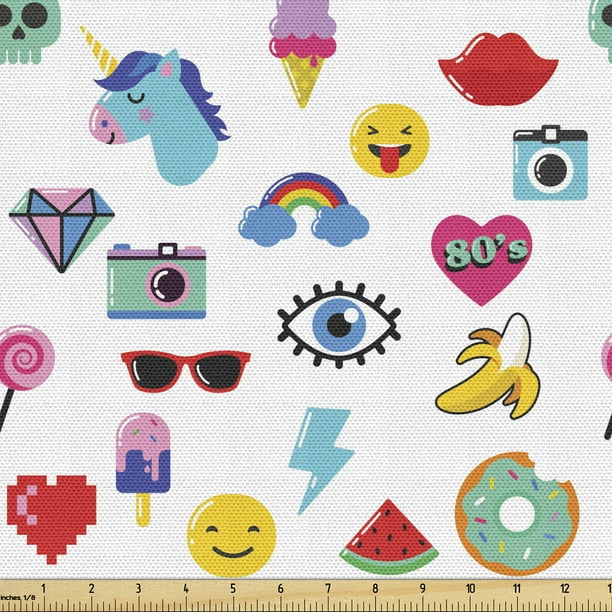 Emoticon Upholstery Fabric By The Yard Pop Art Style Cartoon Unicorn Watermelon Banana Pixel Heart Thunder Bolt Eye Decorative Fabric For Diy And Home Accents 5 Yards Multicolor By Ambesonne Walmart Com