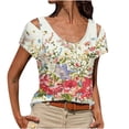 thumbnail image 1 of Tops con estampado de flores recortadas en el hombro de manga corta con cuello redondo a la moda para mujer Fridja bn6170, 1 of 5