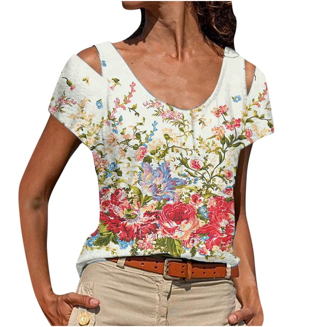 Tops con estampado de flores recortadas en el hombro de manga corta con cuello redondo a la moda para mujer Fridja bn6170