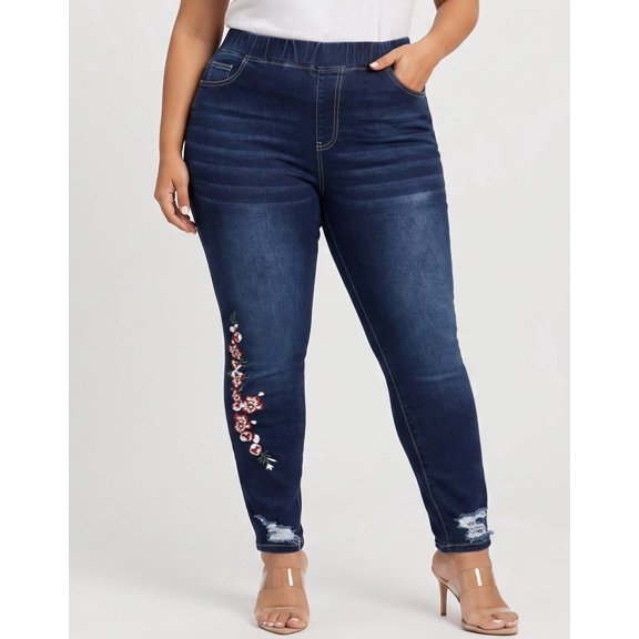 WBLTRVE Women's Curvy Plus Size High Rise Pull-On Skinny Ankle Jeans,Stretch Fit Embroidered Denim Pants,Sizes 0X-4X