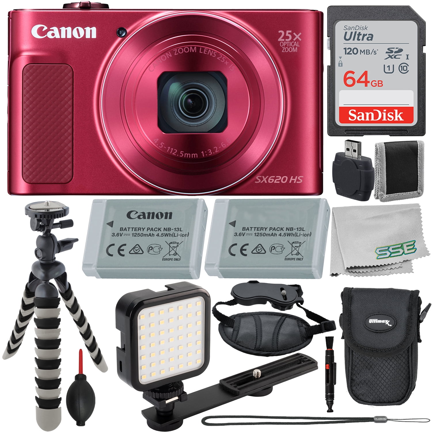 Philadelphia virtueel hoop Canon PowerShot SX620 HS Digital Camera (Red) with Advanced Accessory  Bundle: SanDisk 64GB Ultra Memory Card, Water-Resistant Point & Shoot Camera  Case & Much More (16pc Bundle) - Walmart.com