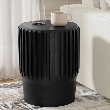JERFIT Modern Fluted Side Table, Round Accent Table for Living Room, Bedroom Nightstand, Solid Mango Wood, Black Finish