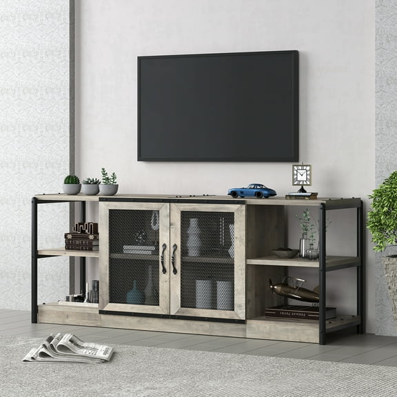 Wood TV Stand, Farmhouse Mesh Barn Door Media Center TV Cabinet with Shelves