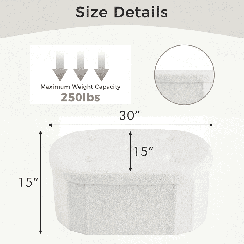 Gianna 30 Inch Ottoman with Storage, Folding Foot Rest for Living Room & Bedroom, Versatile Home Bench, White