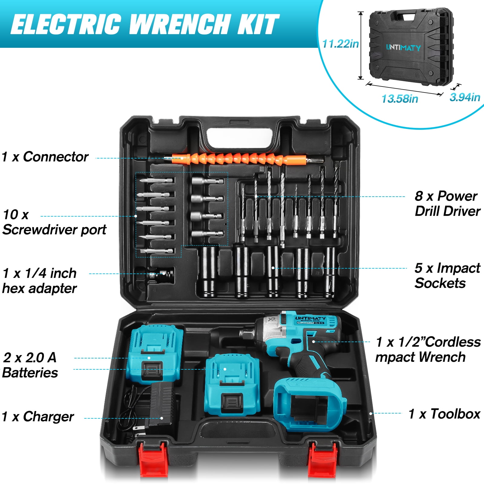 Power Cordless Impact Wrench 1/2", 21V Impact Brushless Motor with 2 x 2.0Ah Batteries, 2-Mode Speed & Max Torque 280 ft lbs (380N.m), Power Impact Wrench with 5 Sockets,8 Drill,6 Screws for Home Car