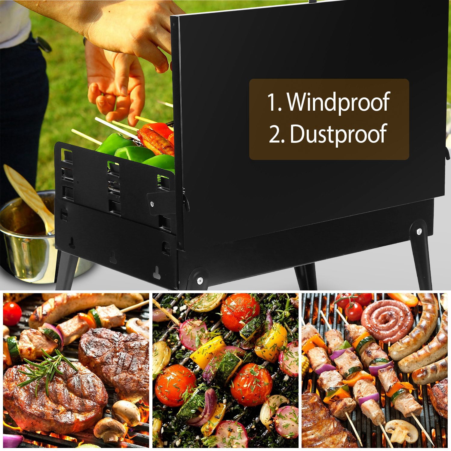 Foldable Charcoal BBQ Grill, 3 Adjustable Height Outdoor Barbecue Rack with Wind Shield & Tool Storage, for Camping Picnic Backyard Party Cooking