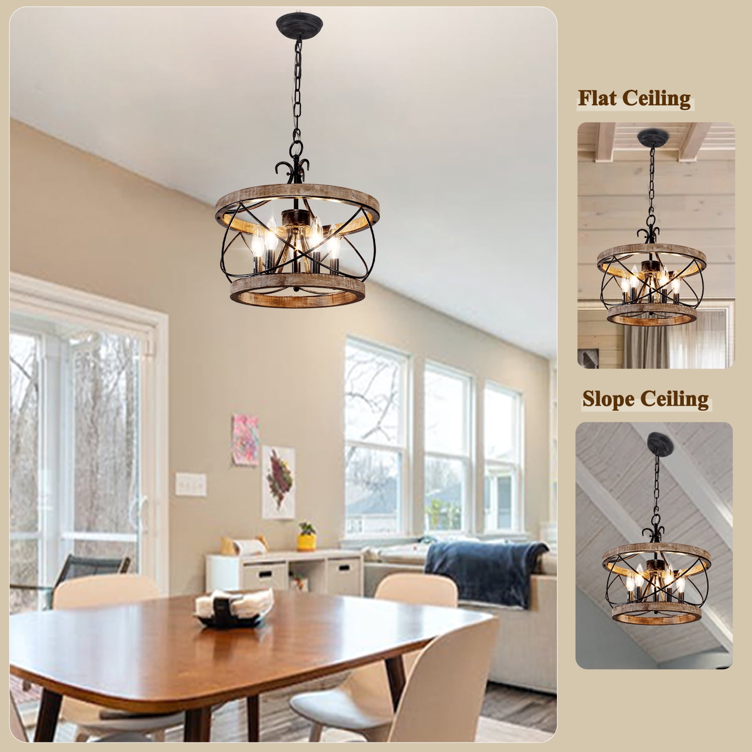 Oaks Aura 5-Light Wood Farmhouse Drum Chandelier Dining Room Adjustable Height Pendant Lighting