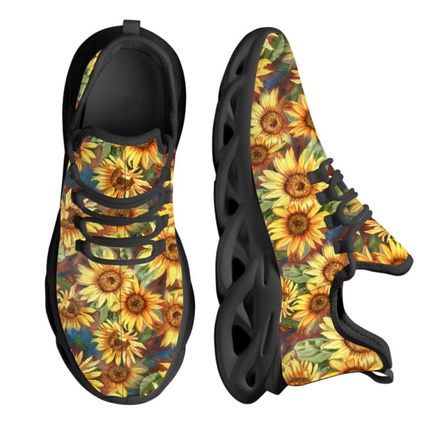 Zapatos clásicos negros con diseño de girasol para caminar, zapatillas casuales con cordones para mujer, zapatos transpirables de moda para mujer.