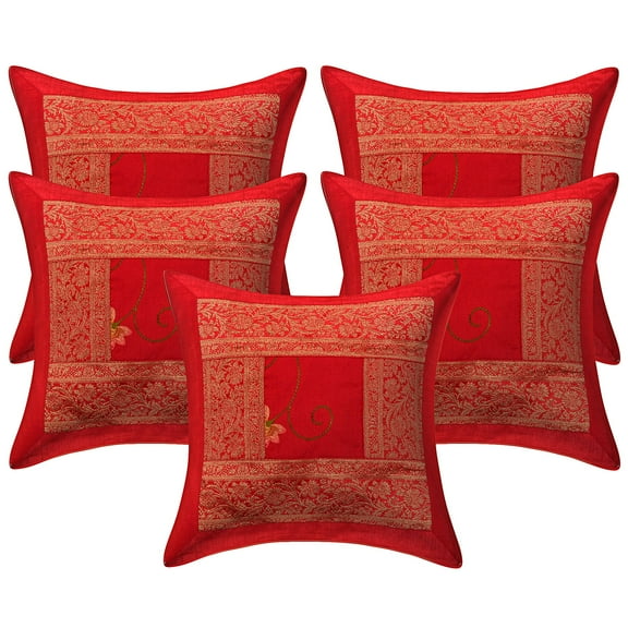 Stylo Culture Indian Settee Sofa Throw Pillow Covers Embroidered 16 x 16 Brocade Patchwork Red Traditional 40x40 cm Bed Room Polydupion Floral Square Cushion Covers | Set Of 5